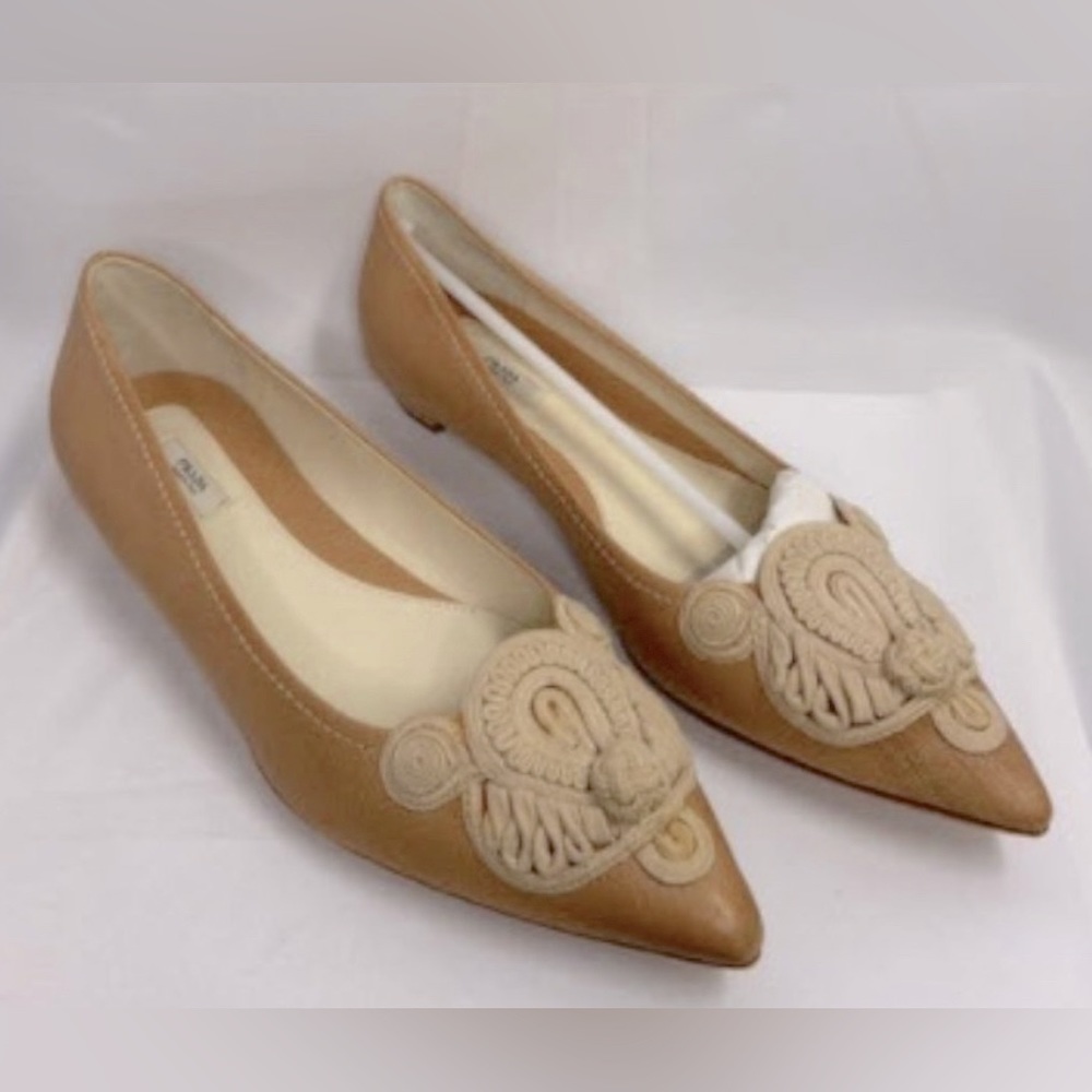 PRADA Antique Natural Embellished Jute Flats Beige Size 6.5 New in Box